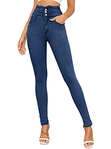 YBENLOVER Damen Skinny Jeans High Waist Deinm Jeggings Knopfleiste Stretch Hose mit Taschen Pants Legging (XS, Blau)