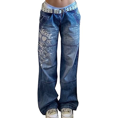 Yokbeer Damen Low Waist Wide Leg Jeans Vintage Print Baggy Hose Y2k Distressed Straight Denim Pants Slim Flare Jean e...